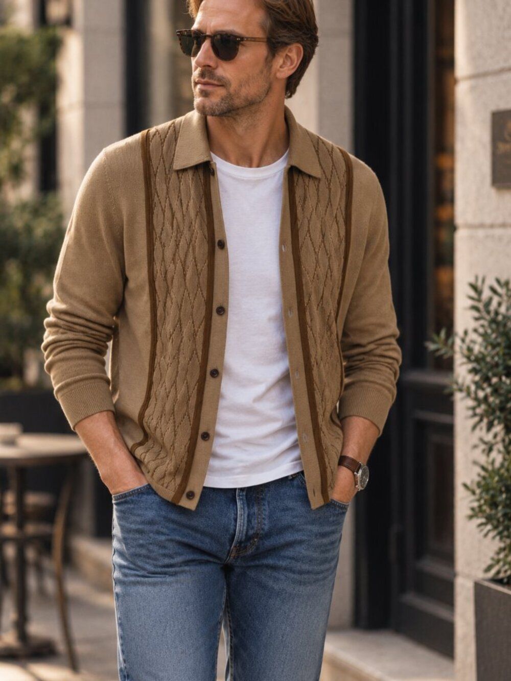 King & Tuckfield Merino Wool Cardigan Camel Brown Tan Patterned Knit Mens M